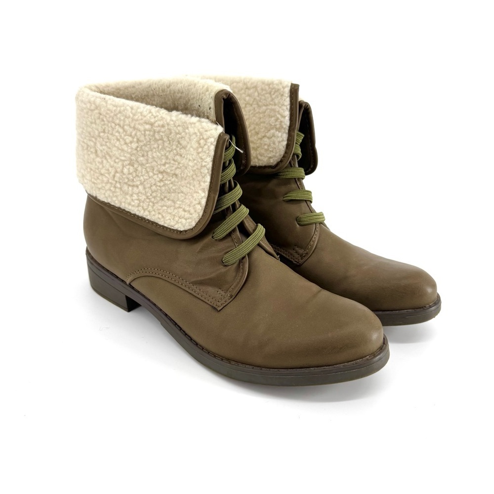 Olive Street Women’s Faux Shearling Lace Up Boots in Olive  Green Size 7